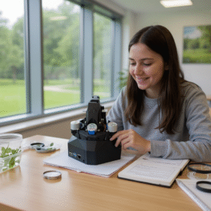 Student using the OpenFlexure Microscope to examine plant samples in a classroom